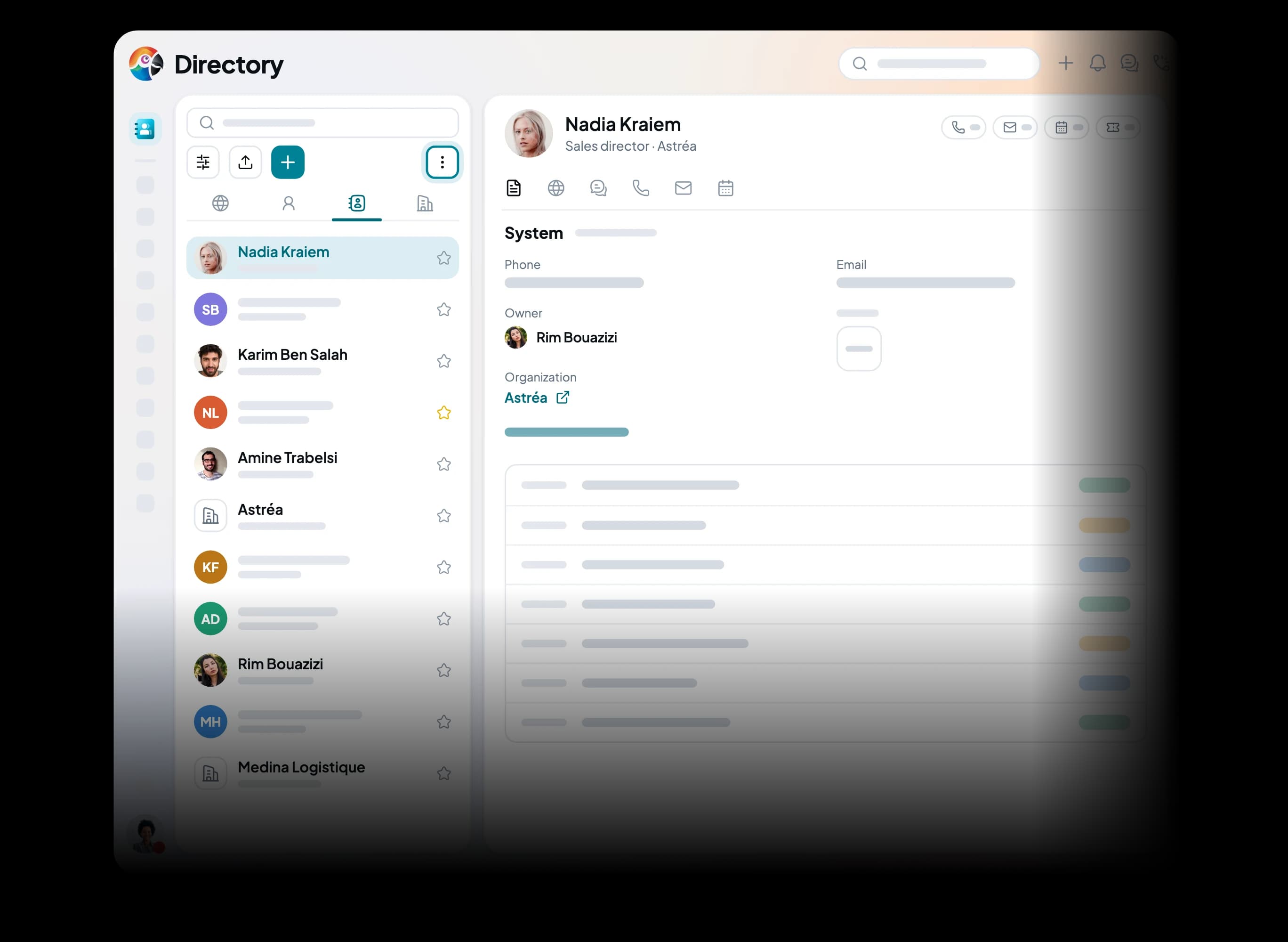 The Directory, the ⋮ menu and the “Add directory field” form: a name, a field type (the list is open), Contacts or Organizations, the quality rules.
