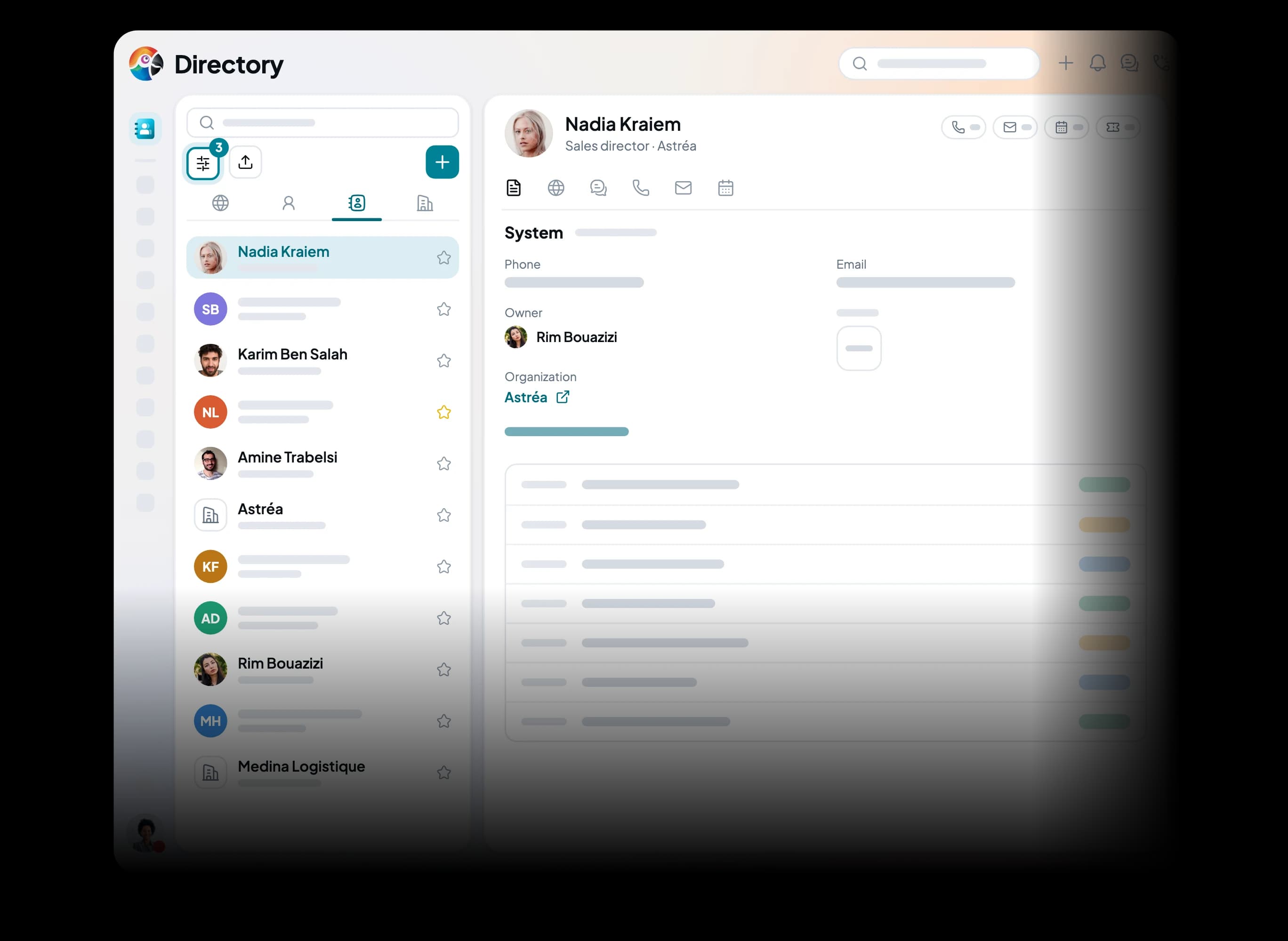 The Directory, the list on the left and the advanced filters panel: two conditions set, the third opens the list of fields.