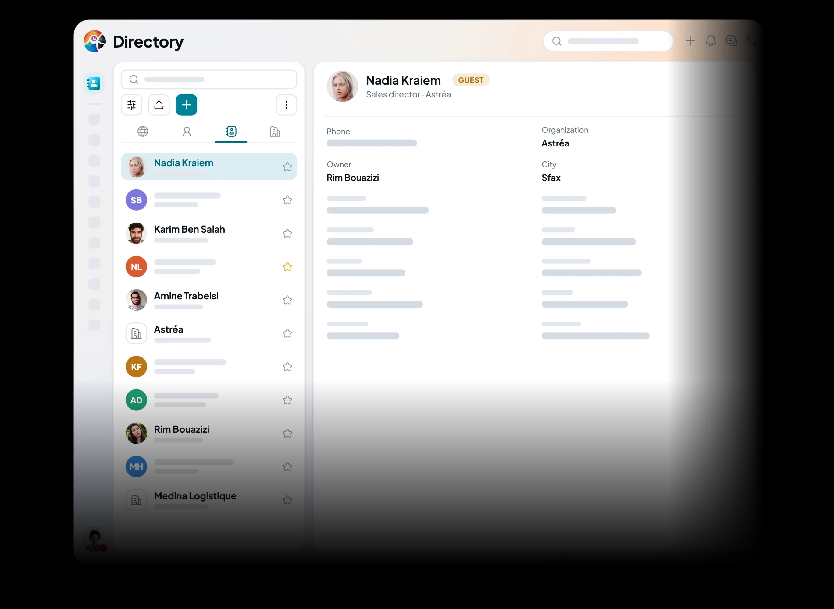 A contact record tagged Guest and the Promote to guest window: email invitation, opened applications and two-factor sign-in.