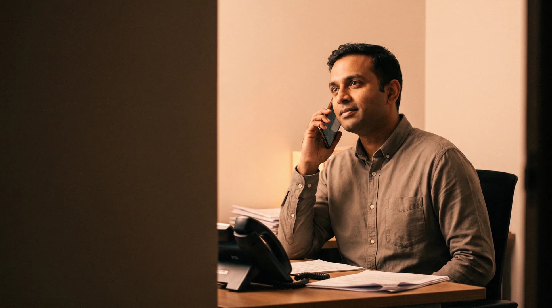 A receptionist on the phone at his desk.