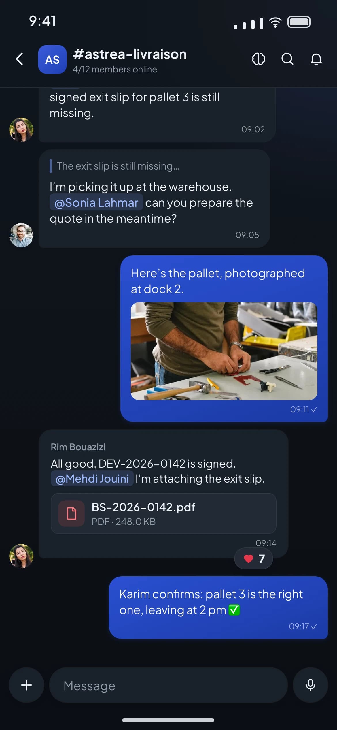 A Chat channel on mobile: a photo of a pallet, an attached PDF, a mention and a reaction on a message.