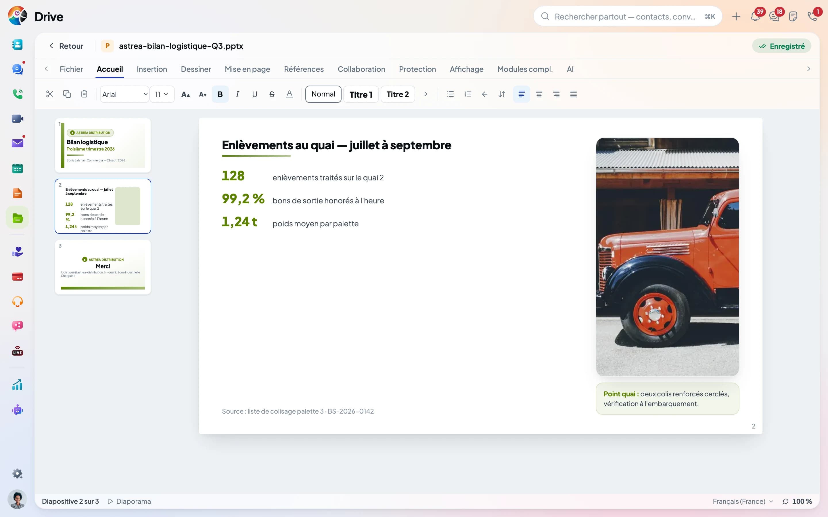 A PowerPoint presentation open in the Drive editor: slide thumbnails on the left, the dock pickup slide in the center, the Home ribbon on top.