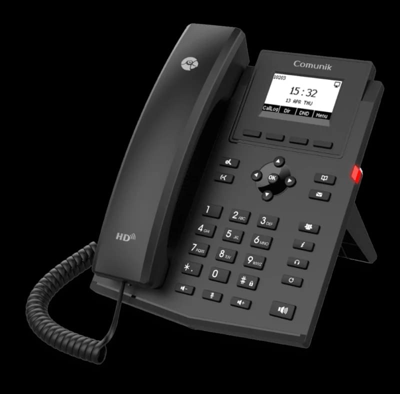 The CMK12P IP phone at a three-quarter angle: handset on the left, backlit screen and keypad.