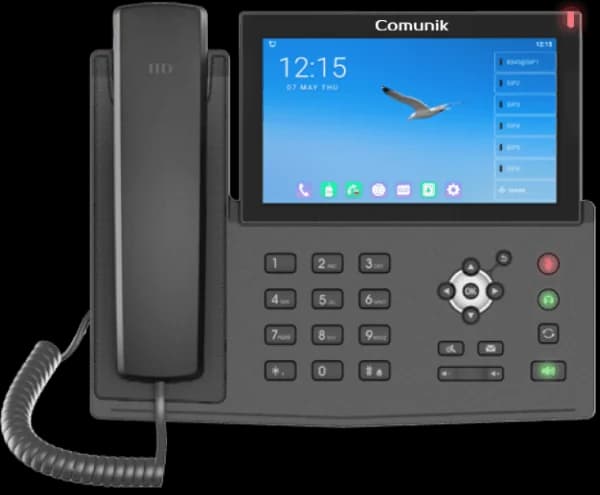 The CMK17V IP phone with its large Android touchscreen, front view.