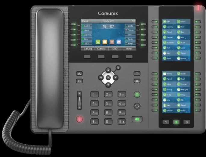 The CMK20 receptionist IP phone with its two key screens, front view.